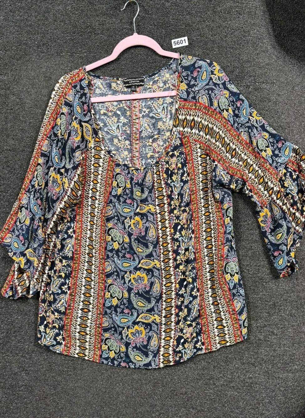 Corvia Peasant Blouse Womens Size 1X Paisley Multicolor 3/4 Sleeves Scoop Neck